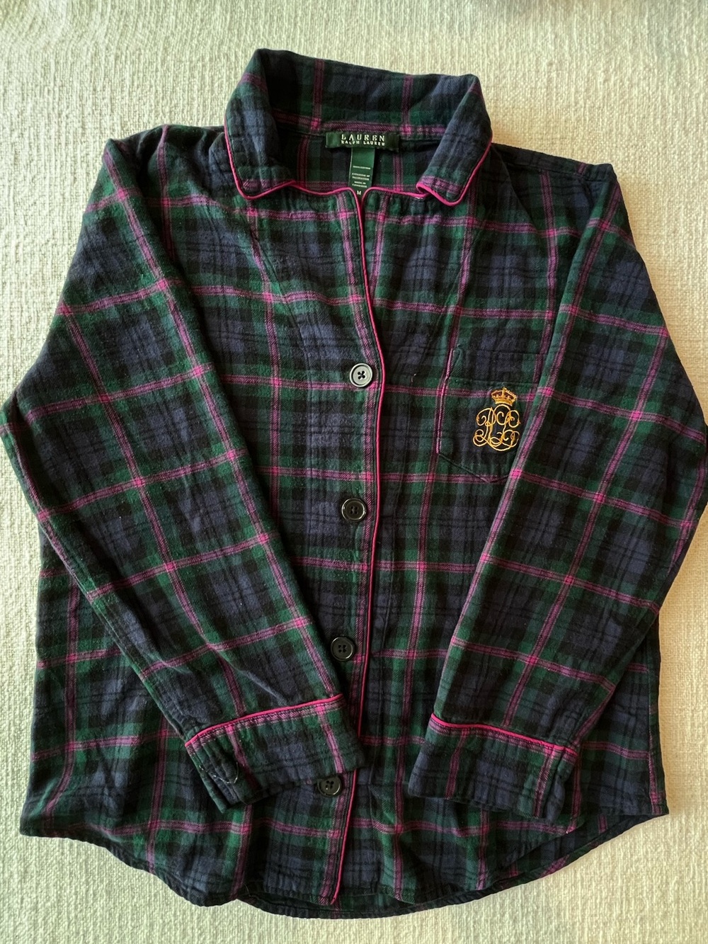 Lauren Ralph Lauren Plaid Flannel Pajama Top Pink Piping Gold Crest Logo LRL